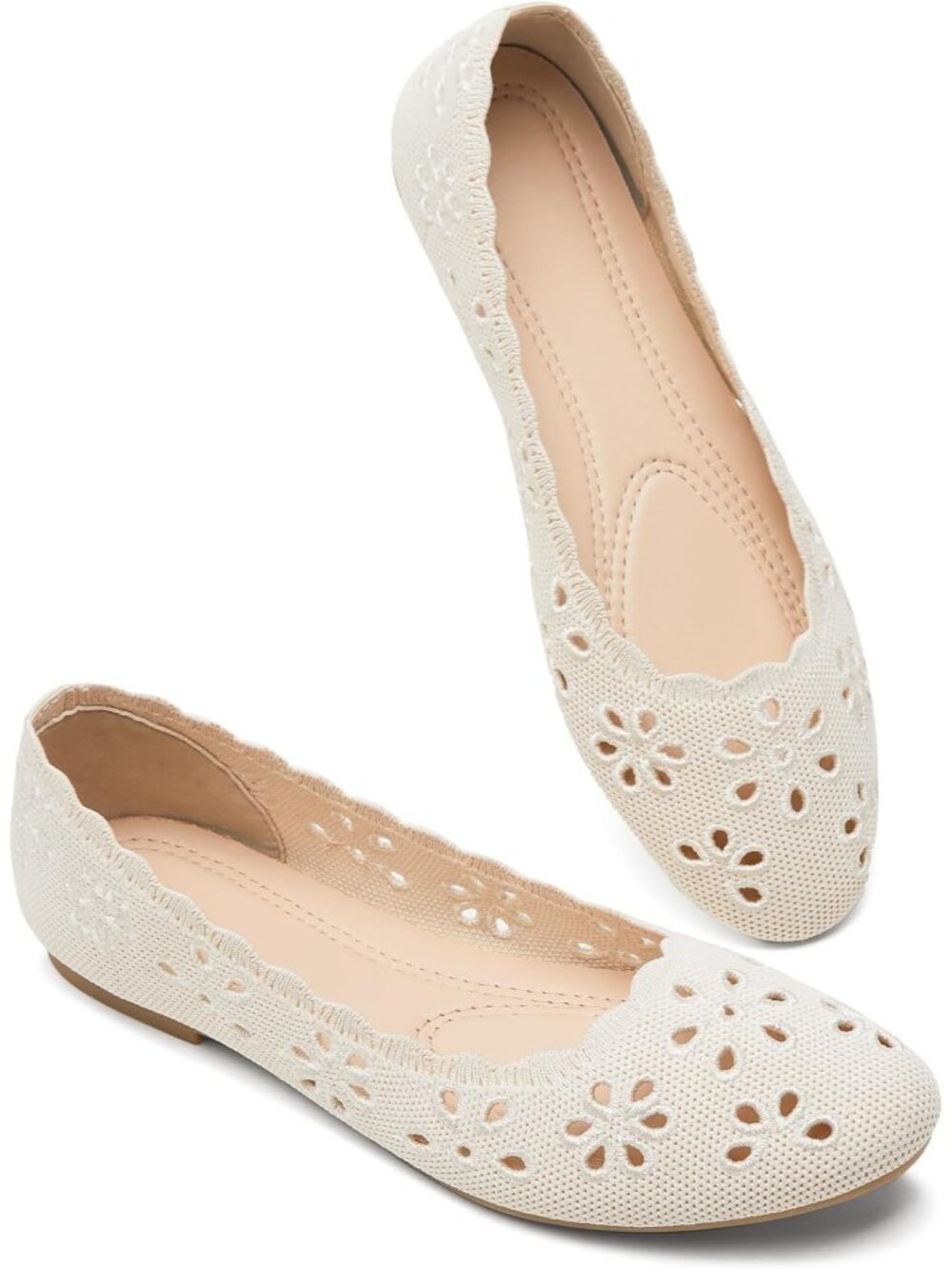 Women's Nude Mesh Floral Ballet Flats Comfortable Slip On Casual Walking Shoes